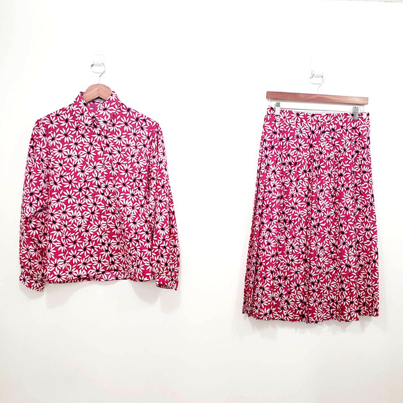 Vintage Jaeger London Pink Floral Skirt Set Pleated Midi Long